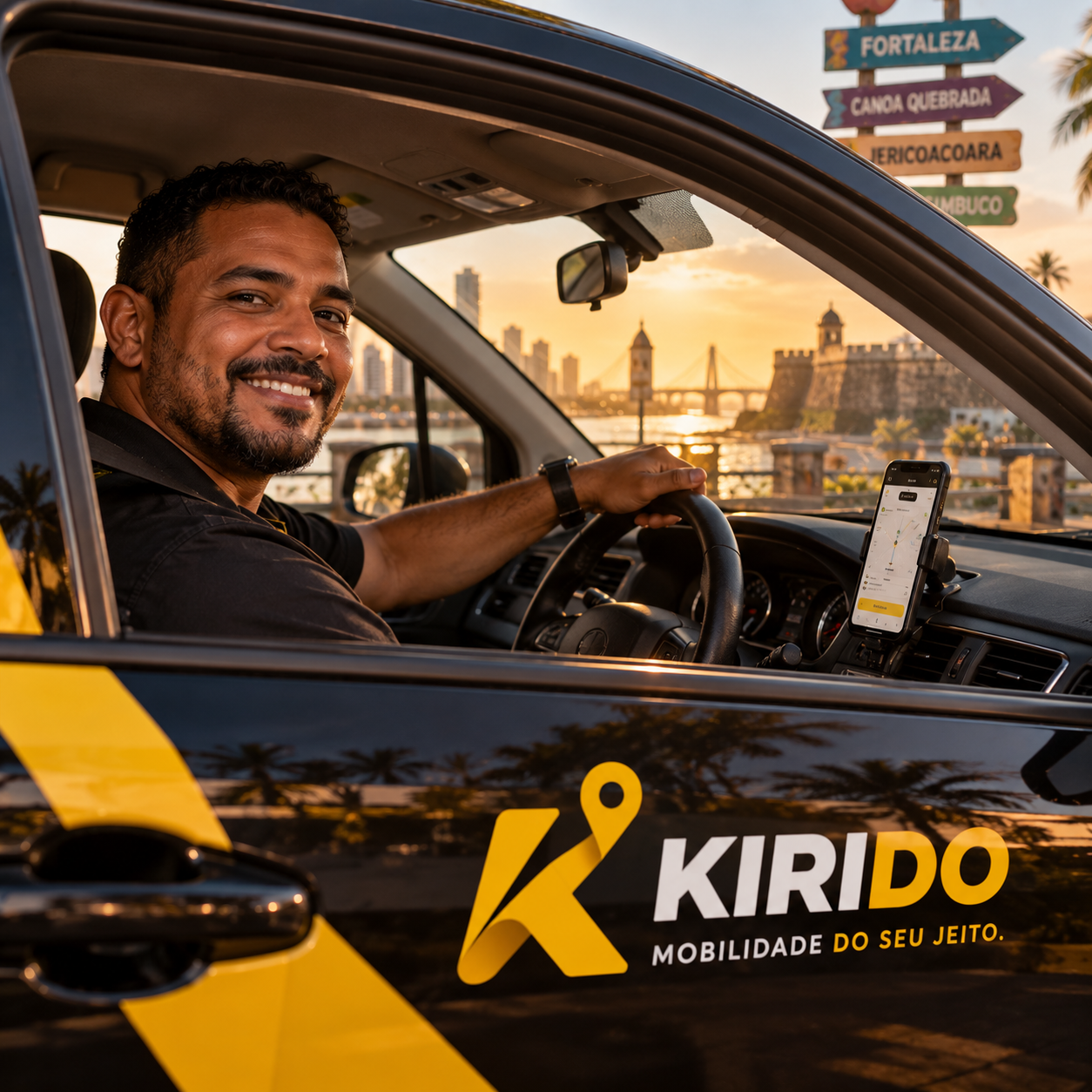 Motorista sorrindo ao volante de carro com a marca Kirido
